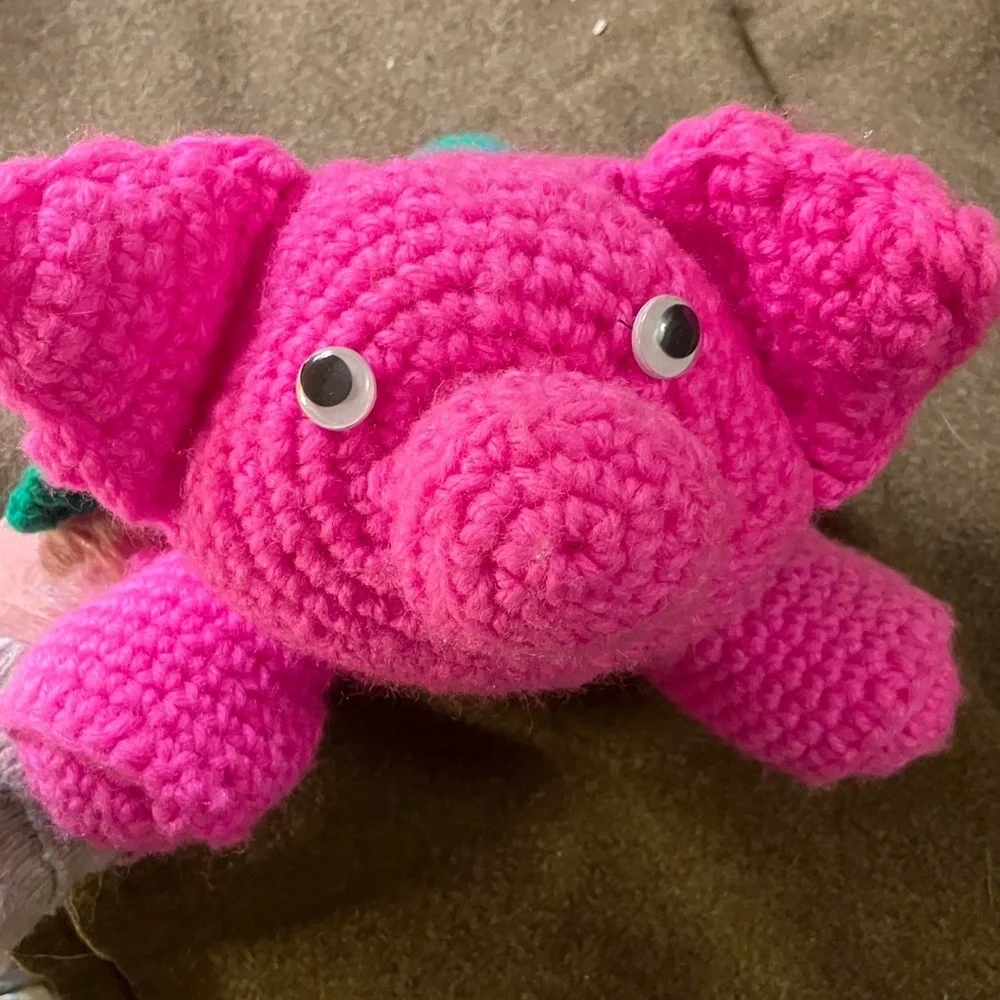 Hand knit bubblegum Pink pig with google eyes